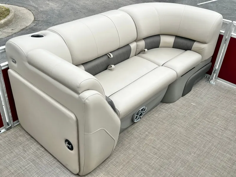 Slide: The Image of 2024 Sun Tracker 20' PARTY BARGE DLX seating, beige upholstery. - 23