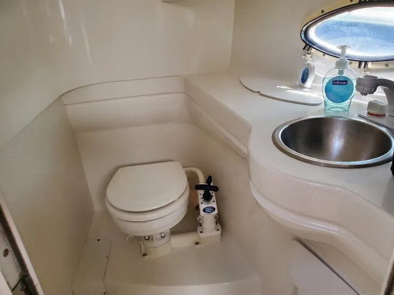 Slide: The Image of Interior of a 1996 Larson Cabrio 280 yacht with toilet and sink. - 9
