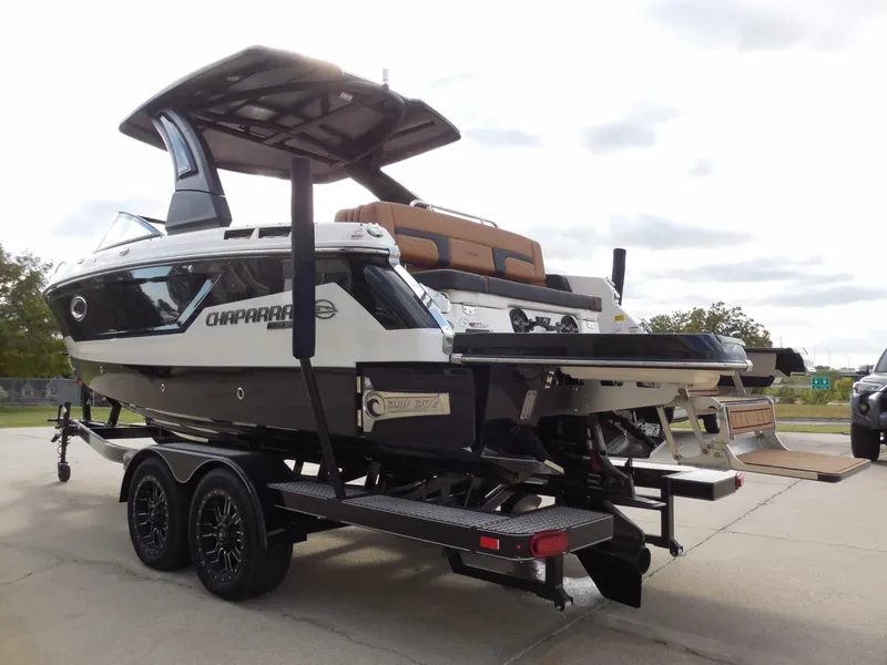 Slide: The Image of 2026 Chaparral GTS 6 on a trailer, featuring a sleek design and spacious deck. - 6
