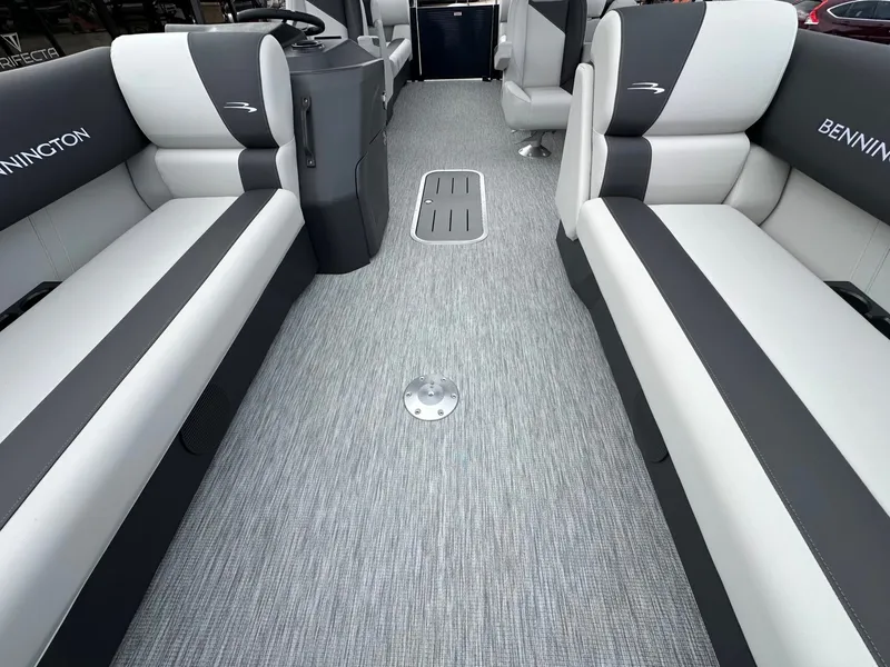 Slide: The Image of Interior of 2026 Bennington 22 S STERN RADIUS with gray seating. - 25