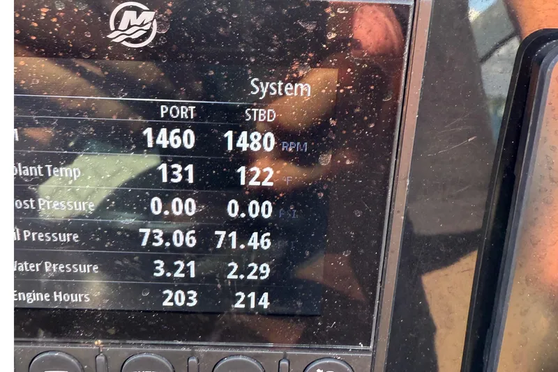 Slide: The Image of Display panel of Schaefer 303 boat showing engine system metrics, 2021 model. - 28