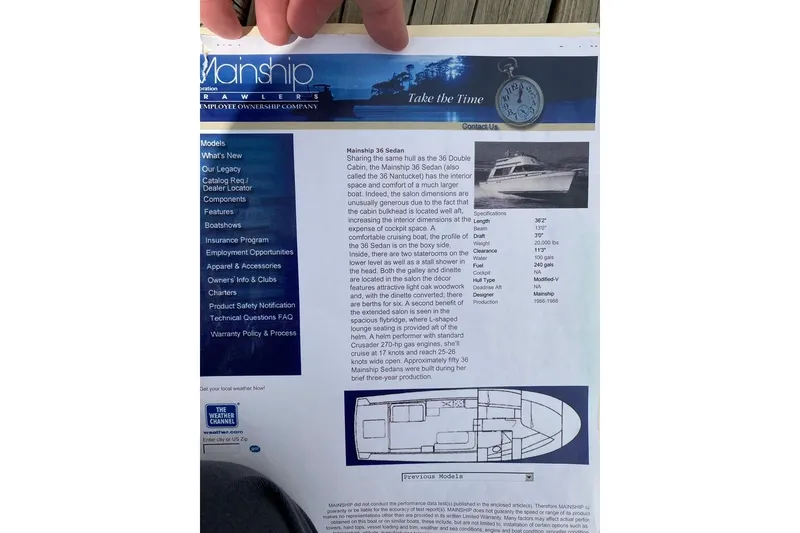 Slide: The Image of Mainship 36 Nantucket Sedan 1987 brochure with specifications and layout diagram. - 10