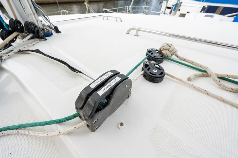 Slide: The Image of Close-up of rigging on a 2018 Lagoon 42 catamaran sailboat. - 47