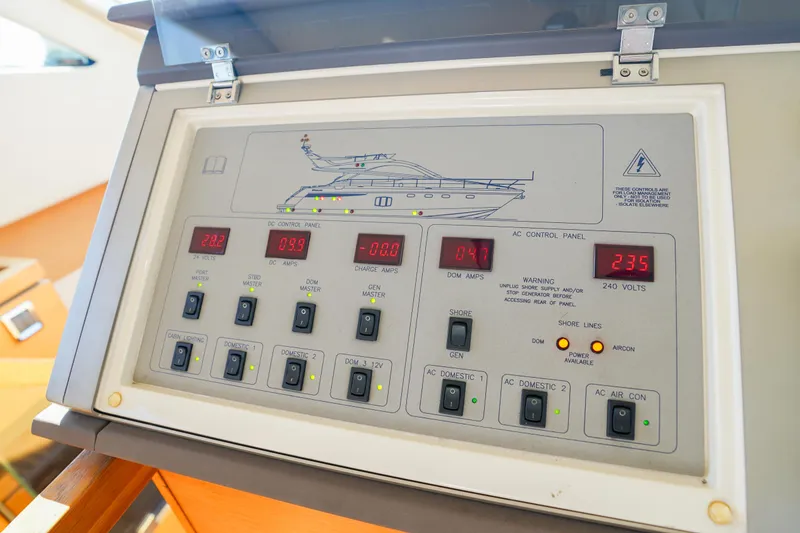 Slide: The Image of Control panel of 2009 Fairline 48 Phantom yacht, displaying voltage and amperage readings. - 20