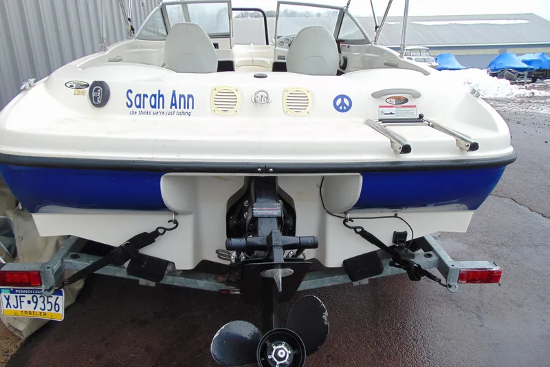 Slide: The Image of 2007 Bayliner 175 Bowrider boat on trailer, rear view with custom name "Sarah Ann." - 7