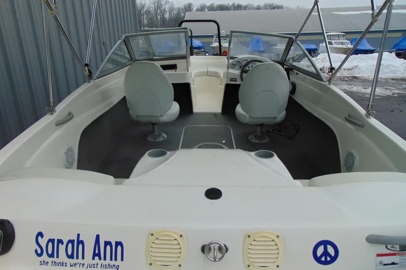 Slide: The Image of 2007 Bayliner 175 Bowrider interior with seating, labeled "Sarah Ann." - 8