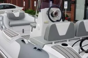 Slide: The Image of Gala Viking V330 boat with Yamaha 25HP, 2026 model, gray and white upholstery. - 8
