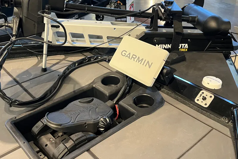 Slide: The Image of Trolling motor setup on 2026 Tracker Savage 215 with Garmin and Minn Kota accessories. - 21