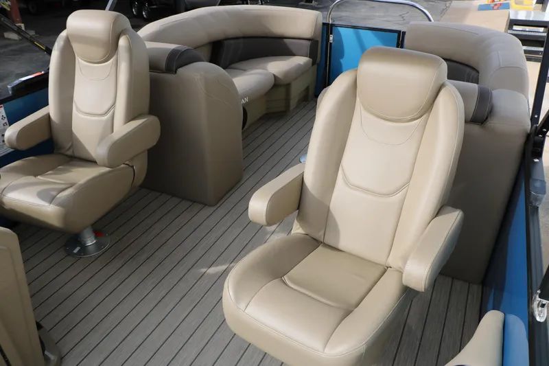 Slide: The Image of Luxurious interior of 2026 Sylvan Mirage 822 LZ pontoon boat with plush seating. - 26