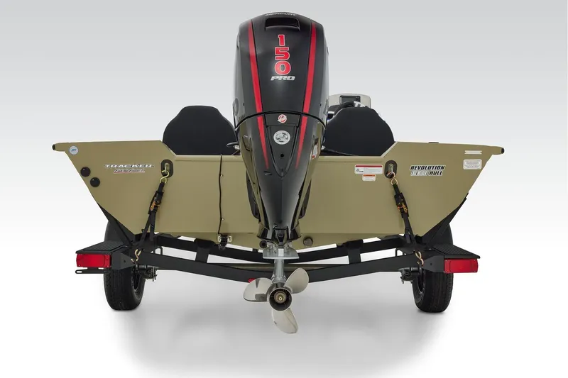 Slide: The Image of Manufacturer Provided Image: 2026 Tracker Pro Team 195 boat rear view with powerful outboard motor. - 54