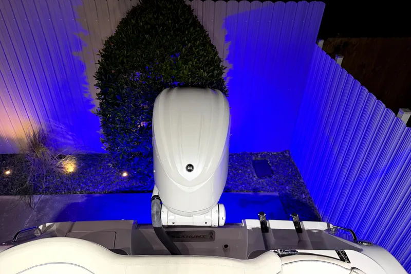 Slide: The Image of 2024 Sea Hunt Ultra 239 SE boat engine illuminated by blue lights at night. - 24