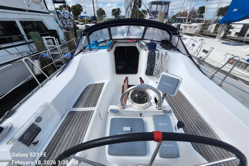 Slide: The Image of Cockpit view of 2005 Beneteau Oceanis Clipper 393 sailboat at marina. - 3
