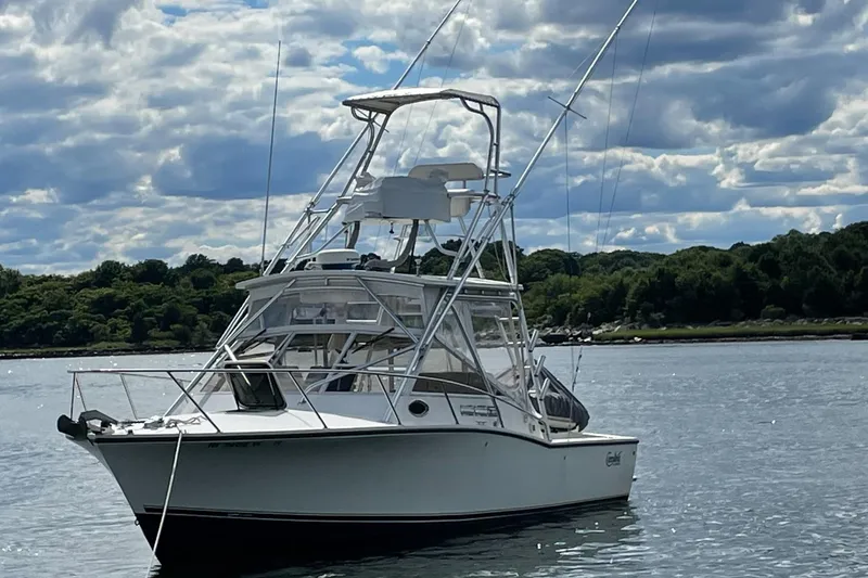 Slide: The Image of 2004 Carolina Classic 28 boat on calm water with lush green shoreline. - 2