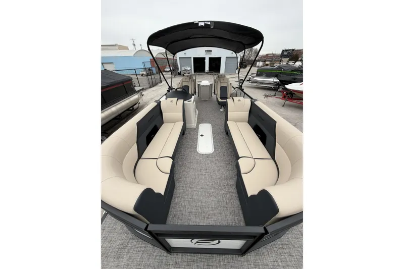 Slide: The Image of 2026 Flagship D22RF Ext. Deck pontoon boat with spacious seating and canopy. - 7