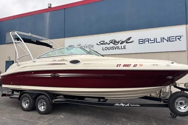 Slide: The Image of 2007 Sea Ray 240 Sundeck boat on trailer at dealership in Louisville. - 4