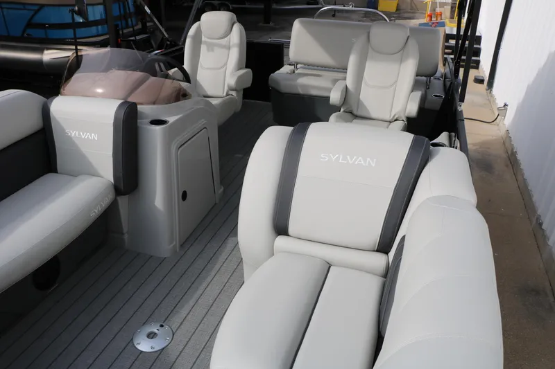 Slide: The Image of Interior of 2025 Sylvan MIRAGE 822 CLZ DH pontoon boat with luxurious seating. - 12