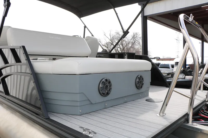 Slide: The Image of 2025 Sylvan MIRAGE 822 CLZ DH pontoon boat with sleek seating and modern design. - 32