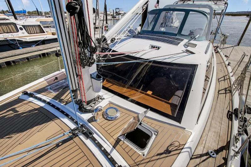 Slide: The Image of 2024 Southerly 420 yacht deck with modern rigging and sleek design. - 12