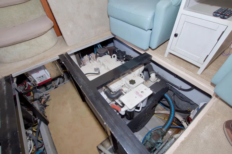 Slide: The Image of Engine room of 2007 Meridian 459 Motoryacht with visible components and wiring. - 75