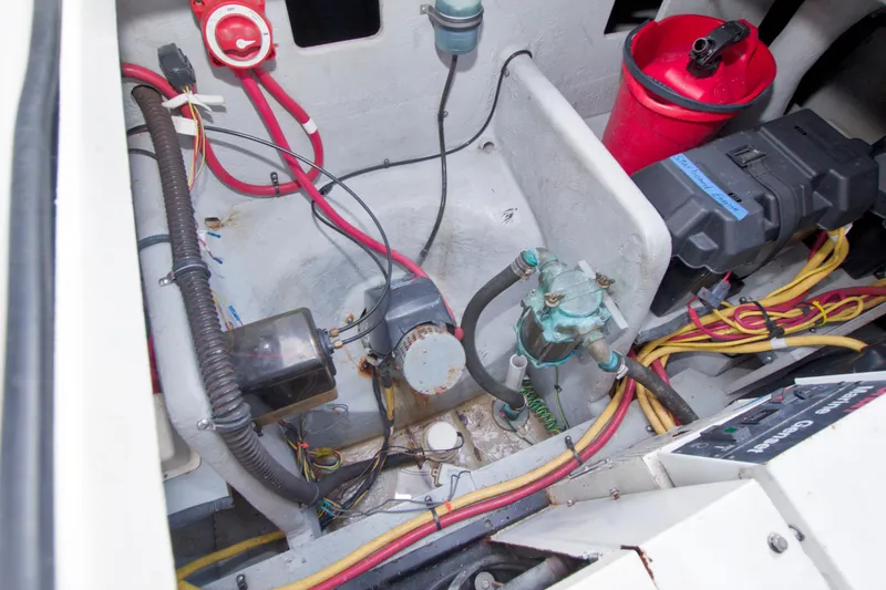 Slide: The Image of Engine compartment of 2007 Meridian 459 Motoryacht with wiring and components visible. - 97
