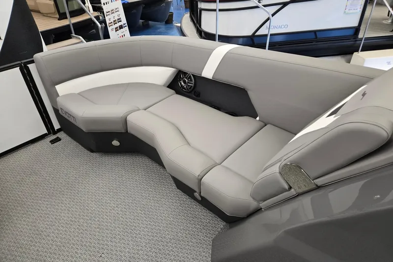 Slide: The Image of Luxurious seating in the 2026 Evotti 521CS boat, featuring sleek gray upholstery. - 34