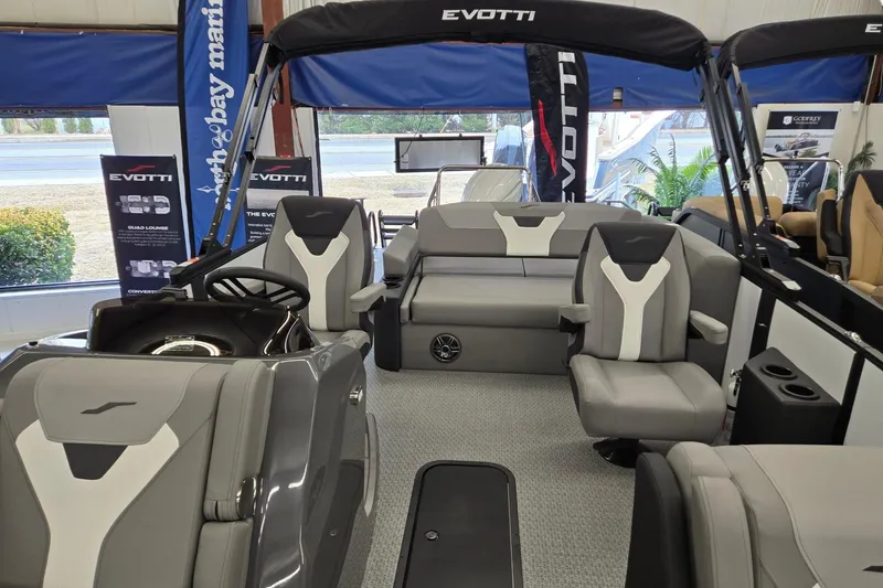 Slide: The Image of Evotti 521CS 2026 model boat interior with modern seating and steering wheel. - 6