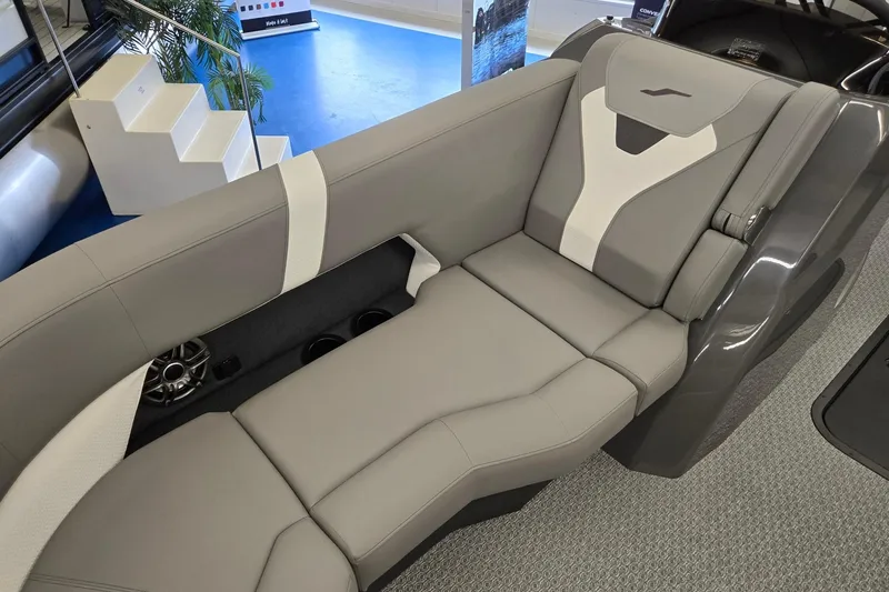 Slide: The Image of Luxurious seating in 2026 Evotti 521CS boat, featuring sleek gray and white upholstery. - 7