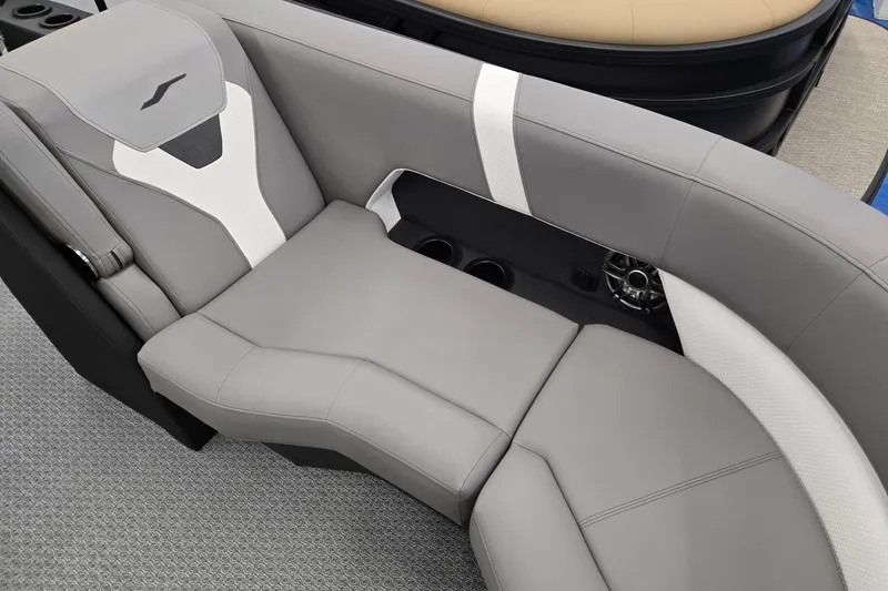 Slide: The Image of Luxurious seating in 2026 Evotti 521CS boat, featuring sleek gray and white upholstery. - 8