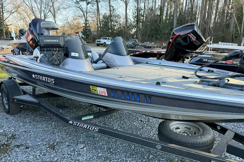 Slide: The Image of 2008 Stratos 294 XL fishing boat on trailer, equipped with Lowrance electronics. - 2