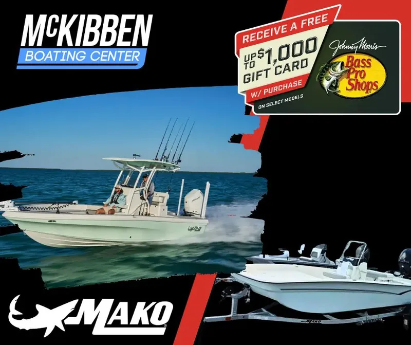 Slide: The Image of Mako Pro Skiff 17 CC 2026 at McKibben Boating Center with gift card offer. - 2