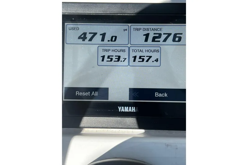 Slide: The Image of Yamaha display showing fuel usage and trip data for 2021 Sea Hunt BX 25 FS. - 9
