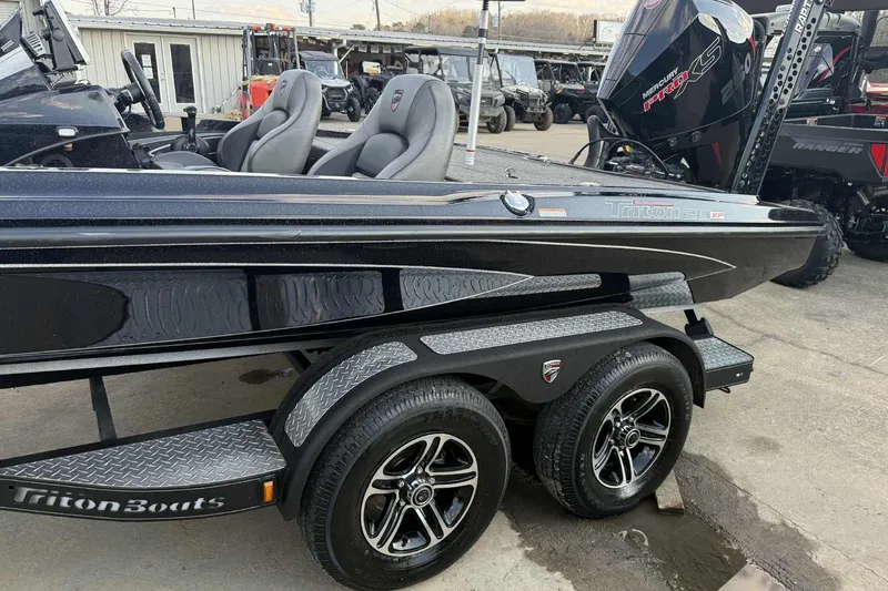 Slide: The Image of 2024 Triton 20XP Patriot boat on trailer, featuring sleek design and dual seats. - 6