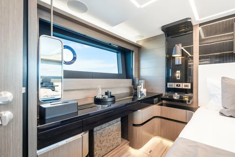 Slide: The Image of Luxurious interior of 2025 Pearl 63 yacht with modern design and elegant furnishings. - 39