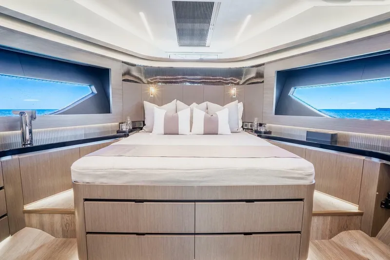 Slide: The Image of Luxurious bedroom interior of 2025 Pearl 63 yacht with ocean view windows. - 43