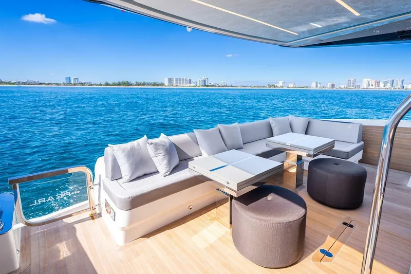 Slide: The Image of Luxurious Pearl 63 yacht deck with modern seating, overlooking serene blue waters, 2025 model. - 63