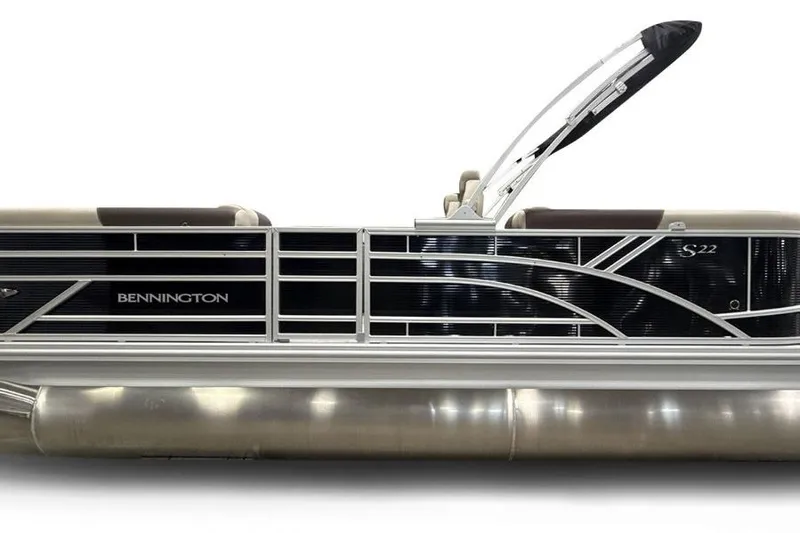 Slide: The Image of 2026 Bennington 22 SSR pontoon boat, sleek design with modern railings and logo. - 3