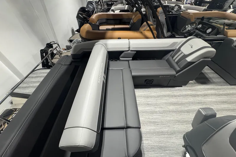 Slide: The Image of 2026 Bennington 22 SSB Sport boat interior with sleek gray seating and modern design. - 12