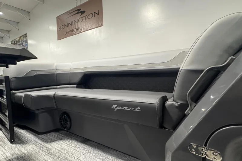 Slide: The Image of 2026 Bennington 22 SSB Sport boat interior with sleek gray seating and modern design. - 5