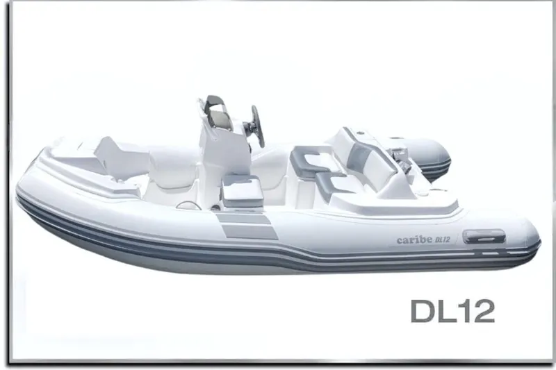 Slide: The Image of 2026 Caribe DL12 inflatable boat, sleek white design with modern features. - 3
