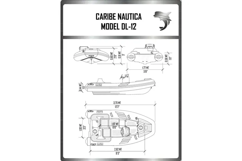 Slide: The Image of Blueprint of Caribe DL12 boat, 2026 model, with detailed dimensions and design. - 4