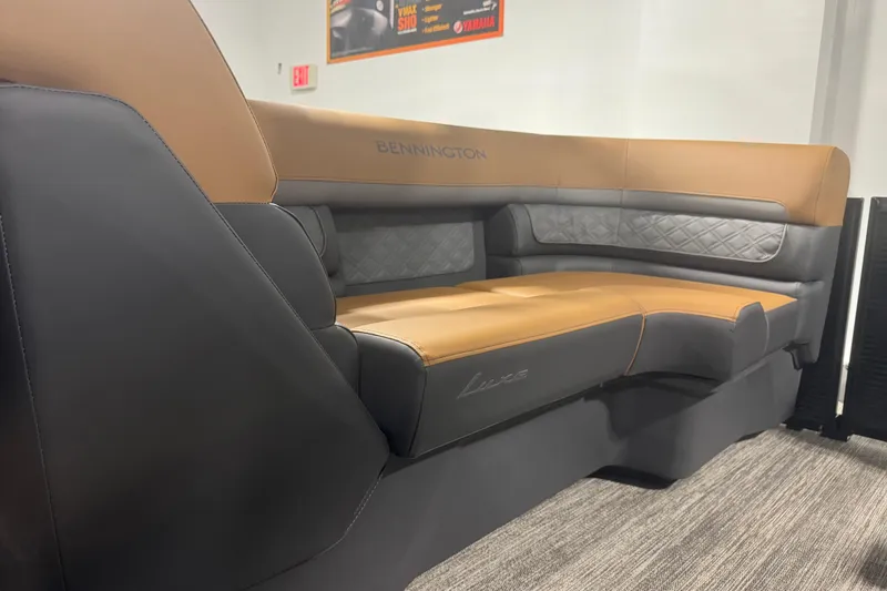 Slide: The Image of 2026 Bennington 22 SSR Luxe boat seating with luxurious tan and gray upholstery. - 17