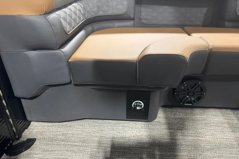 Slide: The Image of Luxurious seating in the 2026 Bennington 22 SSR Luxe boat, featuring premium upholstery and speaker system. - 19