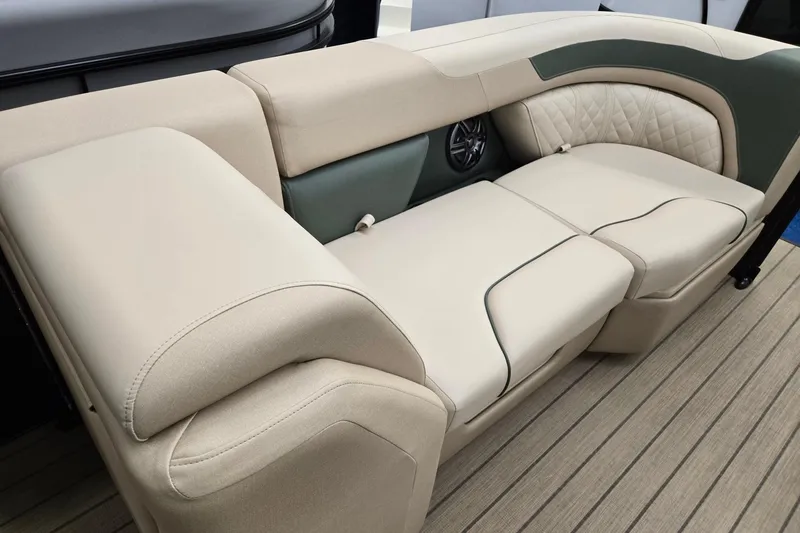 Slide: The Image of Luxurious seating on 2026 Godfrey Sweetwater 2286 DT boat, featuring elegant beige upholstery. - 26
