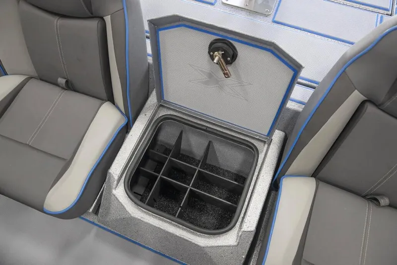 Slide: The Image of 2026 Xpress H20 Bass boat storage compartment with seating and blue accents. - 4
