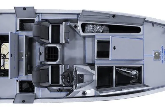 Slide: The Image of 2026 Xpress H20 Bass boat interior, top view, showcasing seating and storage compartments. - 8