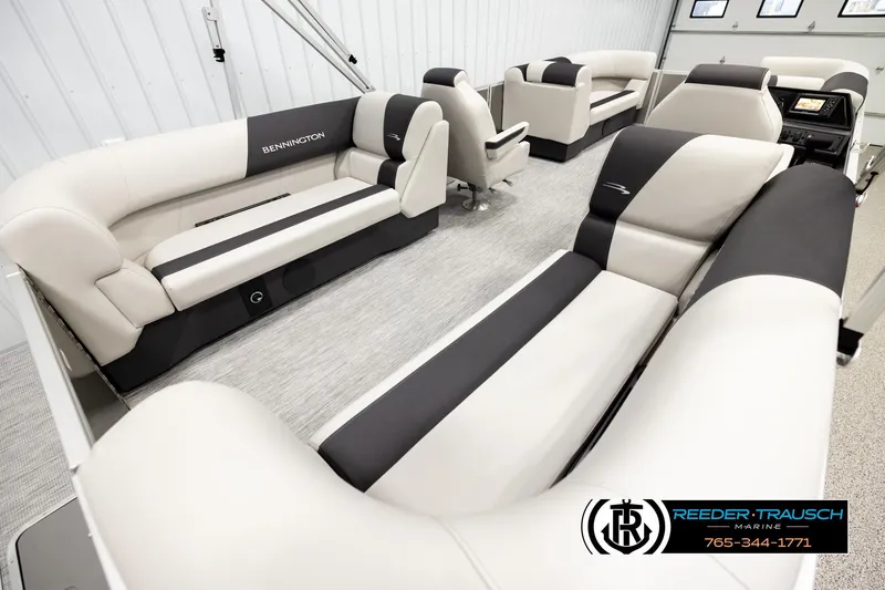 Slide: The Image of 2026 Bennington 22 SSRSF pontoon boat interior with luxurious seating and modern design. - 12