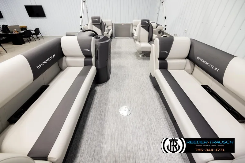 Slide: The Image of 2026 Bennington 22 SSRSF pontoon boat interior with plush seating and modern design. - 13