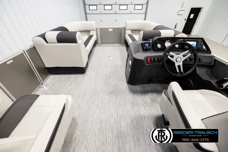 Slide: The Image of Interior of 2026 Bennington 22 SSRSF pontoon boat with modern seating and steering console. - 17