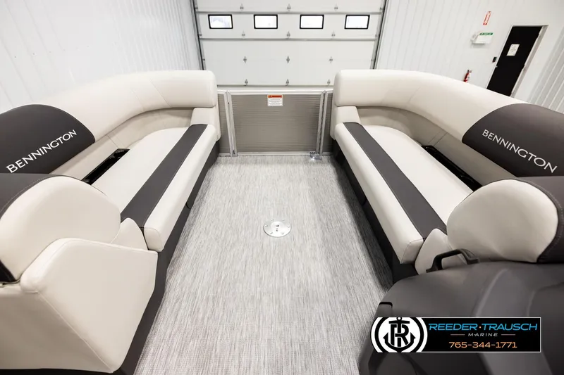 Slide: The Image of 2026 Bennington 22 SSRSF pontoon boat interior with plush seating and modern design. - 18