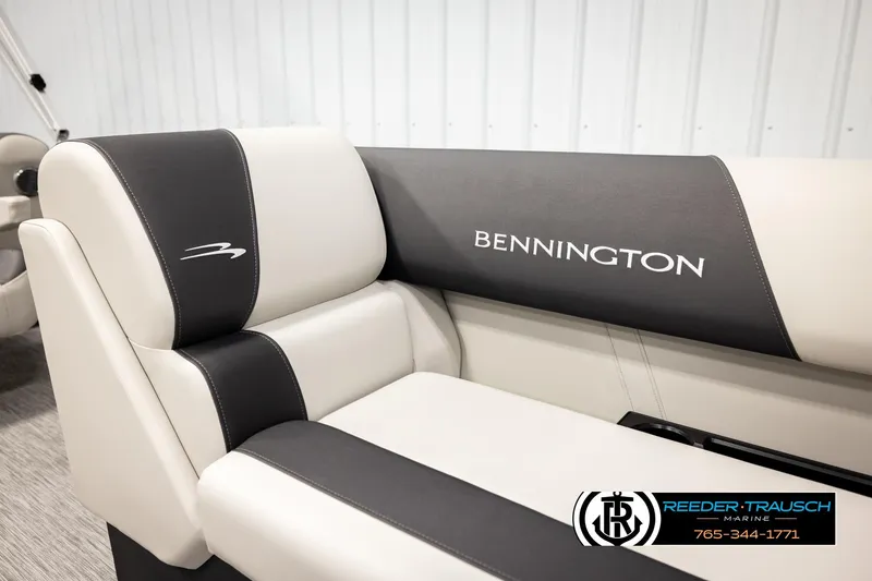 Slide: The Image of 2026 Bennington 22 SSRSF boat seat with logo, featuring sleek black and white design. - 39